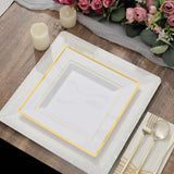 10 Pack - 10inch Gold Trim White Square Plastic Disposable Dinner Plates