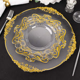 10 Pack Clear Gold European Style Disposable Dinner Plates Vintage Baroque With Scalloped Rim