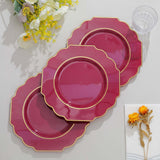 8inch Burgundy Heavy Duty Baroque Salad Plates with Gold Rim, Hard Plastic Dessert Appetizer Plates