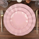 9inch Dusty Rose Heavy Duty Disposable Dinner Plates Gold Ruffled Rim, Plastic Dinnerware