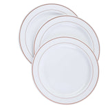 10 Pack | 10inch Très Chic Rose Gold Rim White Disposable Dinner Plates, Plastic Party Plates