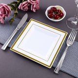 10 Pack - 7inch Gold Trim White Square Plastic Salad Dessert Plates