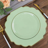 10 Pack | 11inch Sage Green Heavy Duty Disposable Baroque Dinner Plates with Gold Rim