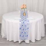 12x108inch White Blue Satin Table Runner in French Toile Floral Pattern