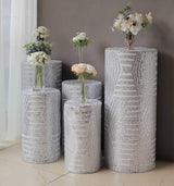 Set of 5 Silver Sequin Mesh Cylinder Pedestal Pillar Prop Covers with Geometric Pattern Embroidery