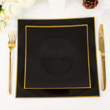 10 Pack | 8inch Black / Gold Concave Modern Square Plastic Dessert Plates, Disposable Salad Plates