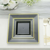 10 Pack | 10inch Gold Trim Black Square Plastic Disposable Dinner Plates