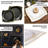 10 Pack | 8inch Black / Gold Wavy Rim Modern Square Plastic Dessert Plates, Disposable Salad Plates