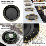 10 Pack | 10inch Black With Gold Dot Rim Plastic Dinner Plates, Round Disposable Tableware Plates