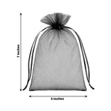 Black organza gift bag, 5 inches wide and 7 inches tall with ribbon ties.