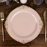 10 Pack | 10inch Blush Rose Gold Leaf Embossed Baroque Plastic Dinner Plates