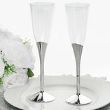 6 Pack | 5oz Clear / Silver Plastic Champagne Flutes, Disposable Glasses With Detachable Base