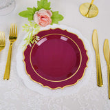 8inch Burgundy Plastic Dessert Salad Plates, Disposable Tableware Round With Gold Scalloped Rim