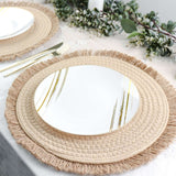 15inch Round Natural Rustic Burlap Jute Placemats Fringed Edges, Farmhouse Placemats with Trim