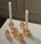 Set of 6 | 3inch Gold Ribbed Crystal Glass Taper Candle Holders, Tealight Pillar Candle Stands