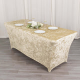 6ft Beige Crushed Velvet Spandex Fitted Rectangular Table Cover