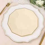 25 Pack | 9inch Beige Gold Foil Rim Geometric Dinner Paper Plates, Decagon Disposable Plates