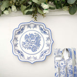 25-Pack Paper Dessert Plates in White with Light Blue Damask Floral Print & Scallop Rim