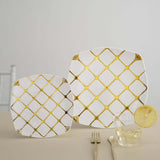 10 Pack | White/Gold 10inch Plastic Square Geometric Dinner Plates