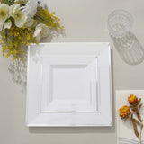 10 Pack - 10inch Silver Trim White Square Plastic Disposable Dinner Plates