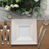 10 Pack - 10inch Rose Gold Trim White Square Plastic Disposable Dinner Plates