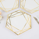 25 Pack | 7inch White / Gold Hexagon Salad Paper Plates, Geometric Disposable Dessert