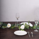  Artificial Eucalyptus Leaf Hanging Vines With 7 White Rose Flower Heads, Floral Greenery Table