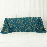 90x132inch Peacock Teal Rectangle Polyester Tablecloth With Gold Foil Geometric Pattern