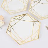 25 Pack | 9inch White / Gold Hexagon Dinner Paper Plates, Geometric Disposable Party Plates