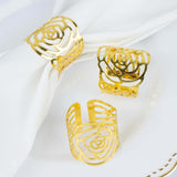 4 Pack | Shiny Gold Laser Cut Rose Round Metal Napkin Rings, Decorative Flower Napkin Holders