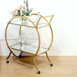 2.5ft Tall Gold Metal 2-Tier Bar Cart Mirror Serving Tray Kitchen Trolley, Round Teacart Island Cart