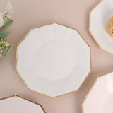 White 7inch Geometric Dessert Salad Paper Plates, Disposable Appetizer Plates Gold Foil Rim