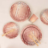 72 Pcs Rose Gold Disposable Dinnerware Set With Diamonds Glitter Drip Pattern