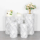 Set of 5 White Wave Mesh Cylinder Pedestal Stand Covers with Embroidered Sequins, Premium