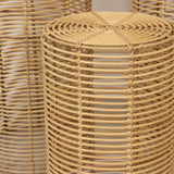 Set of 5 Natural Woven Rattan Wicker Pedestal Stands, Boho Chic Side Table Cylinder Cake Dessert