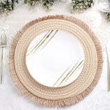 15inch Round Natural Rustic Burlap Jute Placemats Fringed Edges, Farmhouse Placemats with Trim