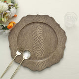 6 Pack | 13inch Rustic Natural Embossed Wood Grain Acrylic Charger Plates with Scalloped Rim