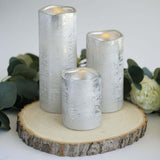 Set of 3 | Metallic Silver Flameless Candles | Battery Operated LED Pillar Candle Lights with Remote Timer - 4"|6"|8"