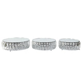 Set of 3 Silver Metal Crystal Pendant Cake Stands with Mirror Top