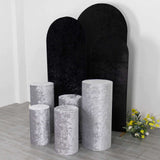 Set of 5 Silver Crushed Velvet Cylinder Pedestal Stand Covers, Premium Pillar Prop Covers