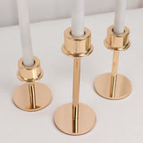 Set of 3 Gold Metal Taper Candle Stands with Round Base, Hurricane Candlestick Holders