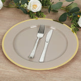 10 Pack Taupe Economy Plastic Charger Plates With Gold Rim