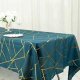 60"x102" Peacock Teal Rectangle Polyester Tablecloth With Gold Foil Geometric Pattern