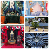 Elegant event backdrops with drapes, balloons, florals and throne chairs