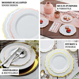 8inch White Plastic Dessert Salad Plates, Disposable Tableware Round With Silver Scalloped Rim