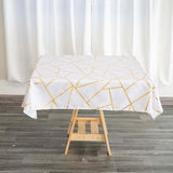 54"x54" White Polyester Square Table Overlay With Gold Foil Geometric Pattern