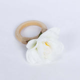 4 Pack White Silk Jasmine Flower Napkin Rings with Wooden Holder, Rustic Boho Serviette Buckles