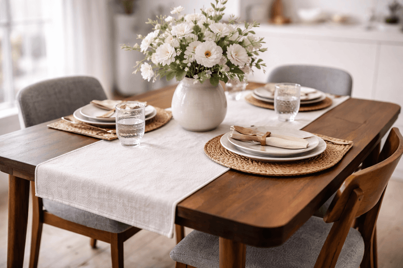 Short table runner with minimal overhang