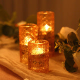 Set of 3 Amber Gold Glass Taper Candle Stick Stand with Gemstone Pattern