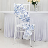 Polyester Chair Sashes White/Blue French Toile Floral Design - Wrinkle-Resistant & Durable Chair Bows for Exquisite Weddings & Banquets 6"x108"